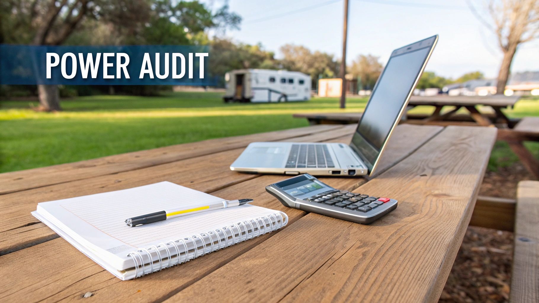 Laptop, calculator, and notebook on an outdoor picnic table with a camping RV in the background.