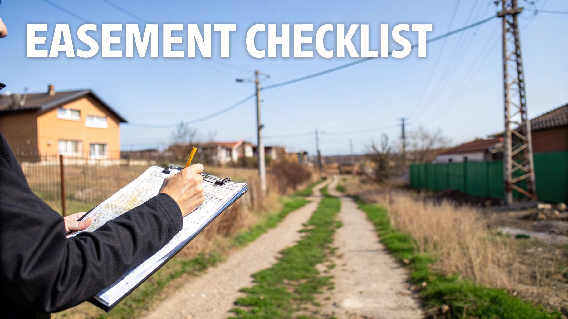 Person reviewing an easement checklist clipboard on a property with houses and a dirt path.