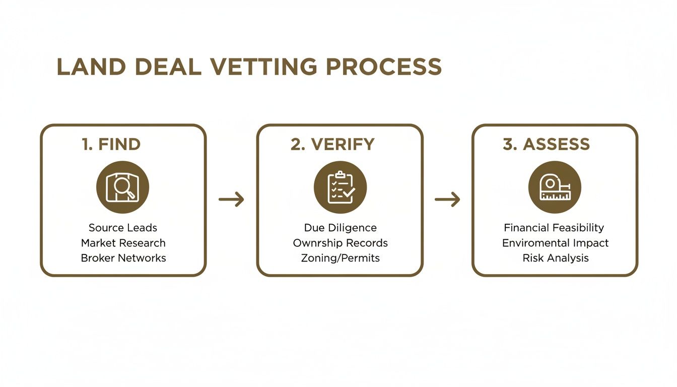 A three-step land deal vetting process infographic: Find, Verify, and Assess with sub-steps.