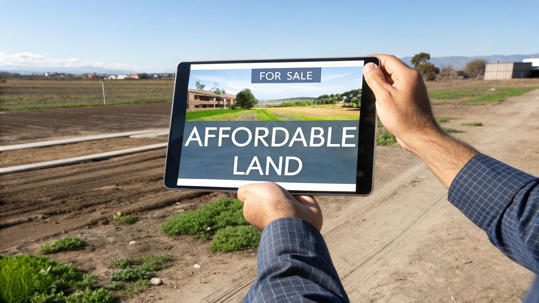 Hands hold a tablet displaying 'Affordable Land For Sale' over a rural landscape.