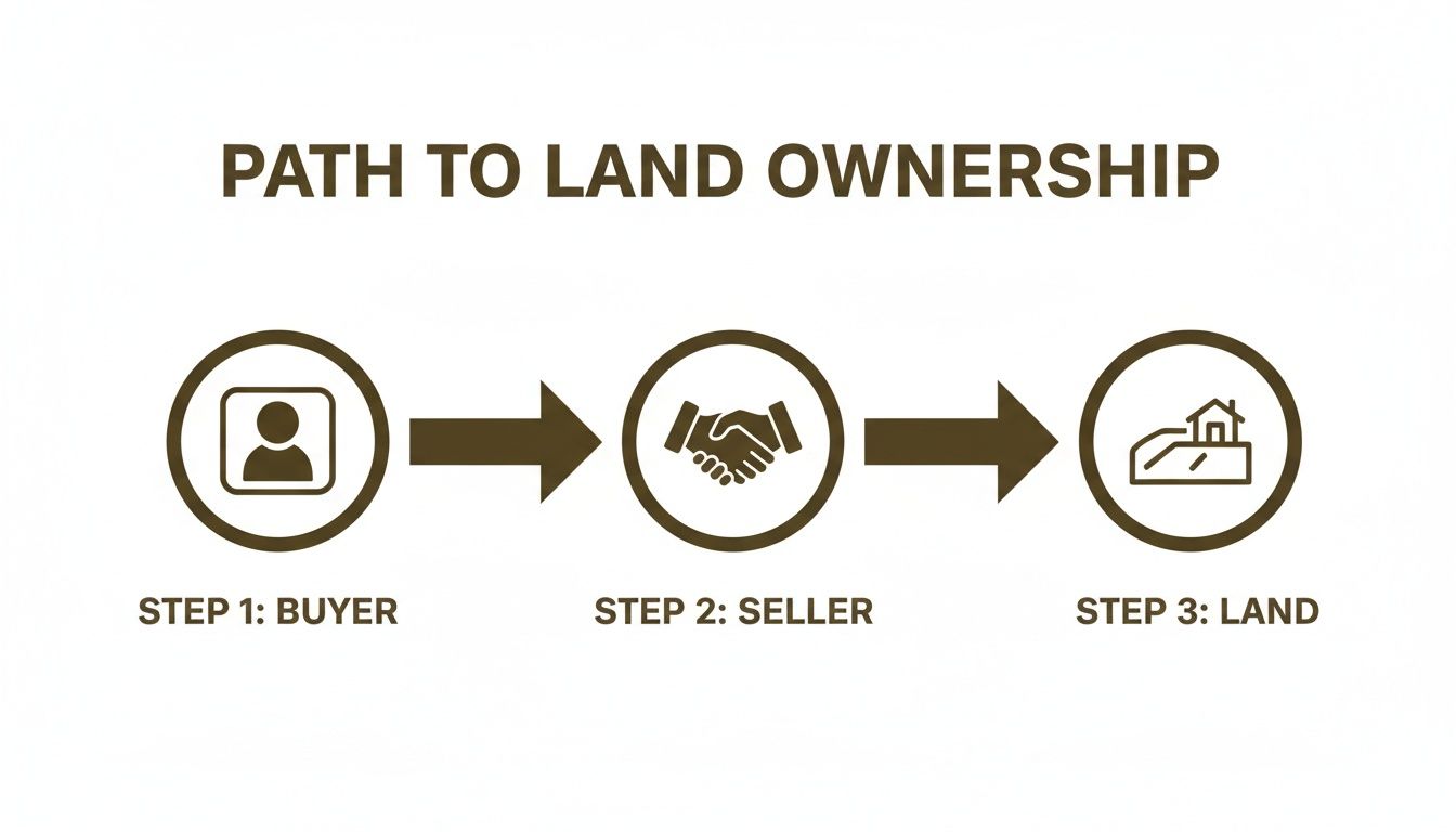 A clear flowchart titled 'Path to Land Ownership,' illustrating the steps from buyer to seller and finally acquiring land.