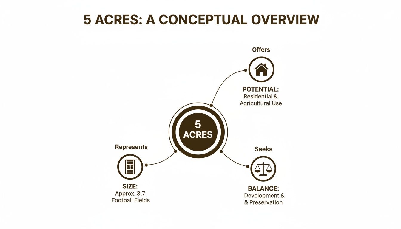 Conceptual overview of 5 acres, detailing its size, potential uses, and desired balance.