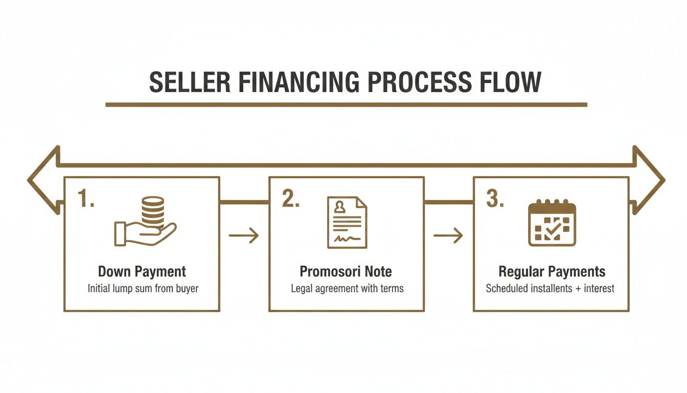 A clear process flow diagram outlining the three steps of seller financing: down payment, promissory note, and regular payments.