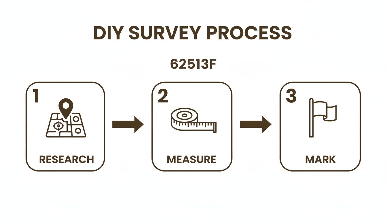 A three-step DIY survey process showing research, measure, and mark, with corresponding icons.