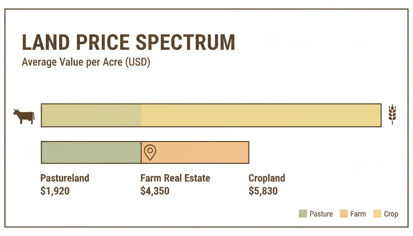 A bar chart illustrating the average value per acre for pastureland, farm real estate, and cropland.