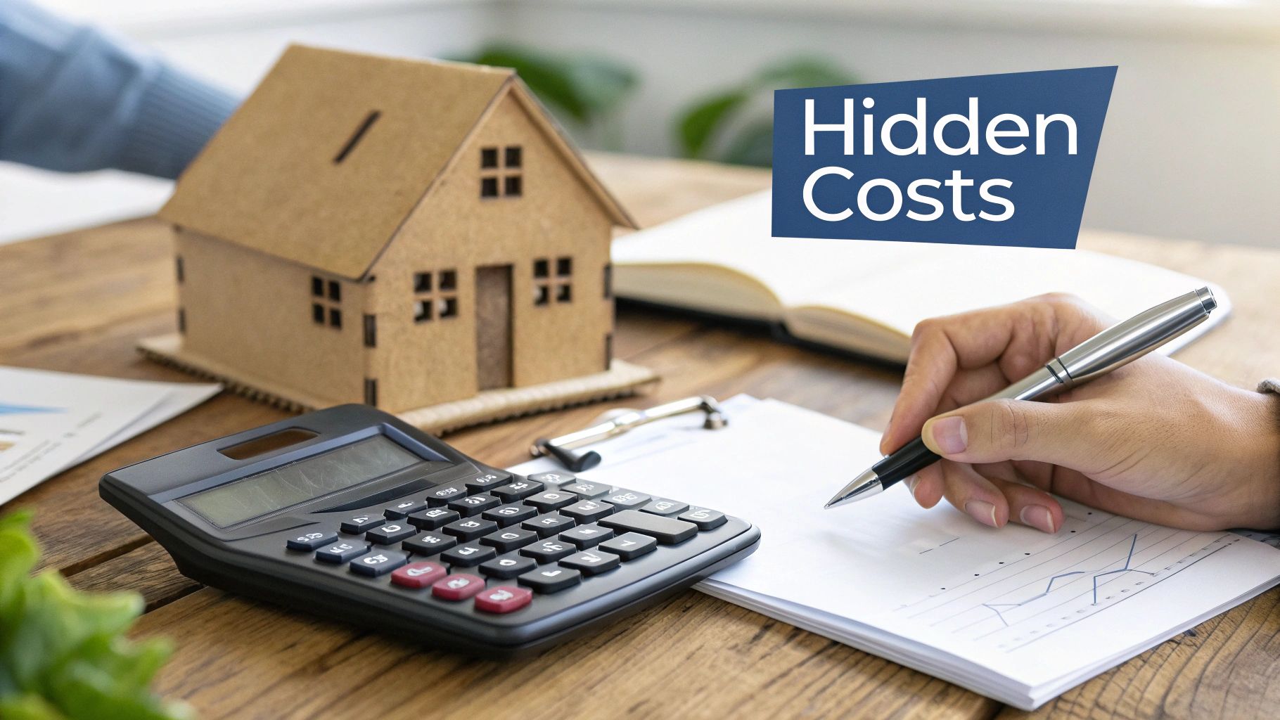 A person calculates hidden costs for a house with a model home, calculator, and graphs on a wooden desk.