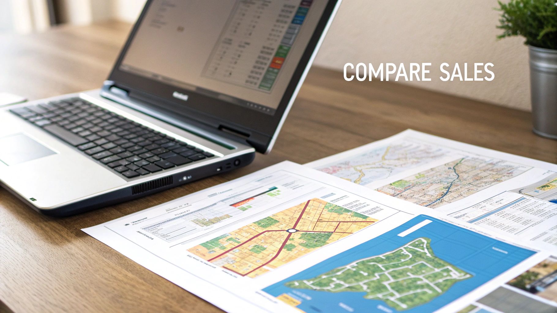 A laptop and several papers with maps and charts on a wooden desk, used for land value analysis.