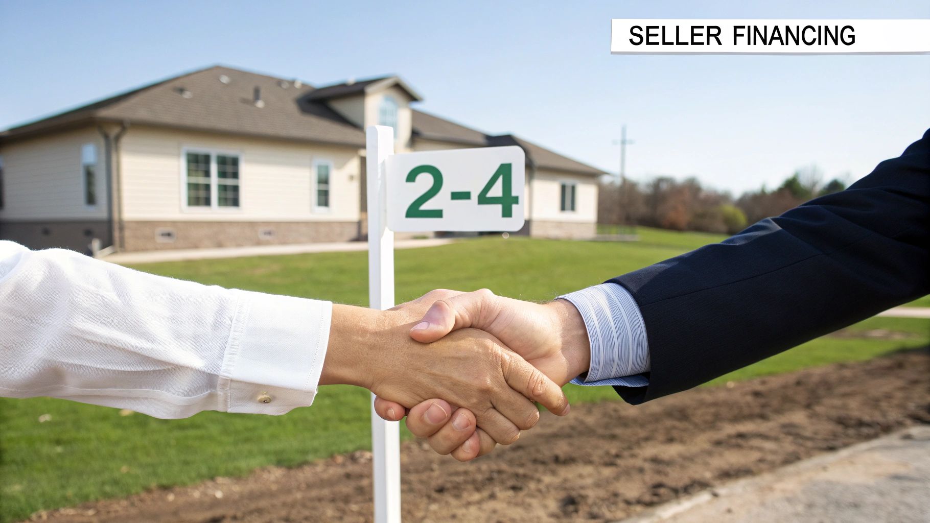 Handshake sealing a seller financing real estate agreement for a house on buildable land.