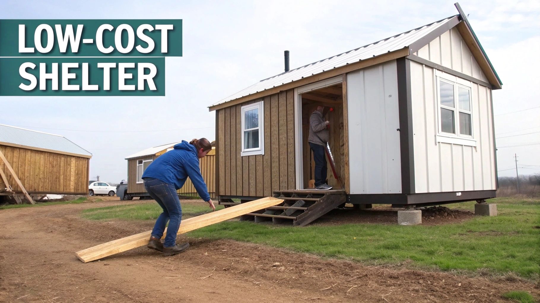 Two people constructing low-cost, small shelters in a grassy field under a clear sky.