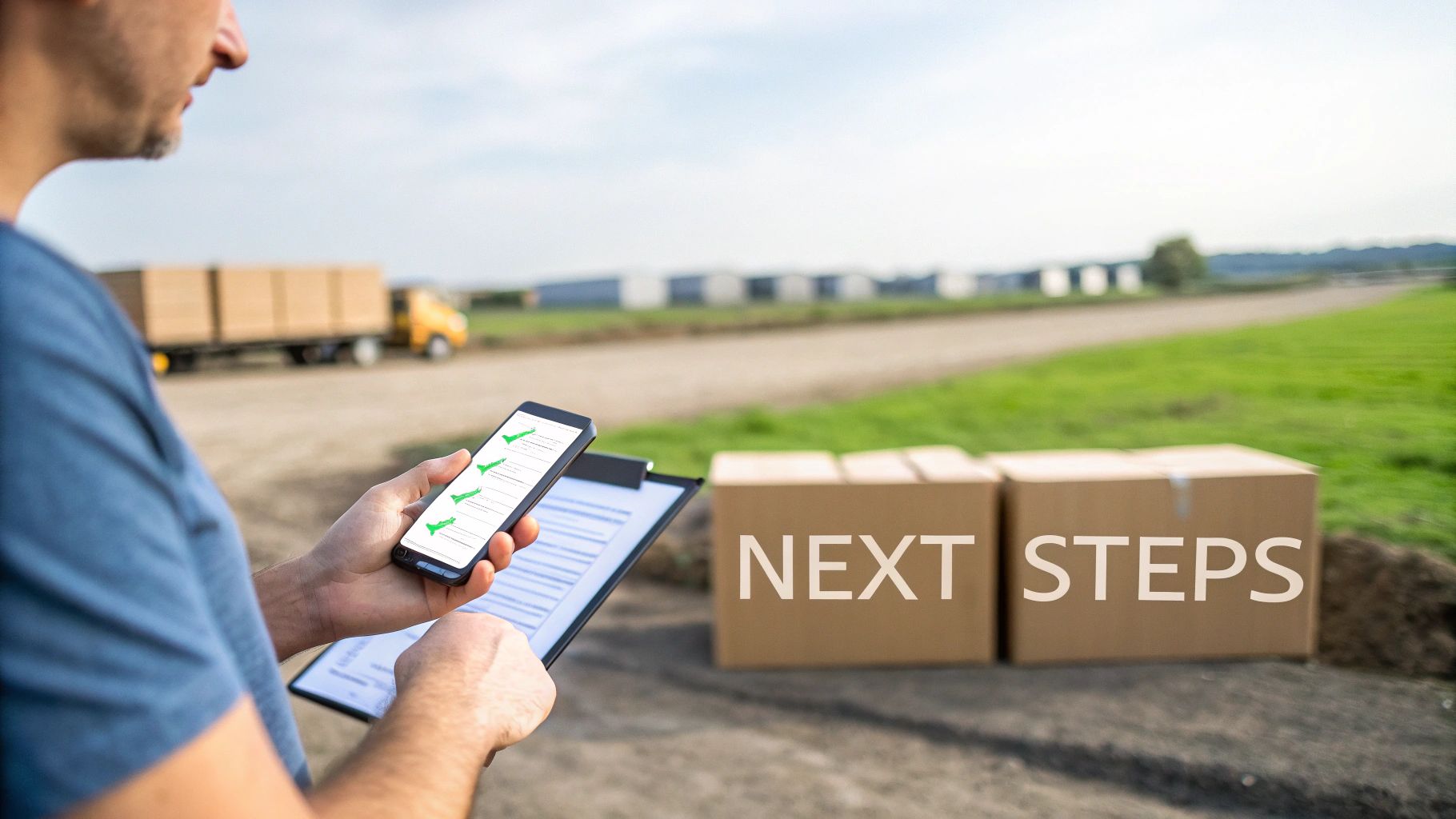 A person holds a phone with green checkmarks and a clipboard, with 'NEXT STEPS' on boxes.