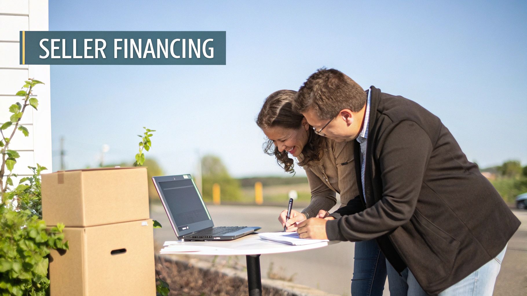 Two smiling people, a man and a woman, signing documents outdoors related to seller financing.