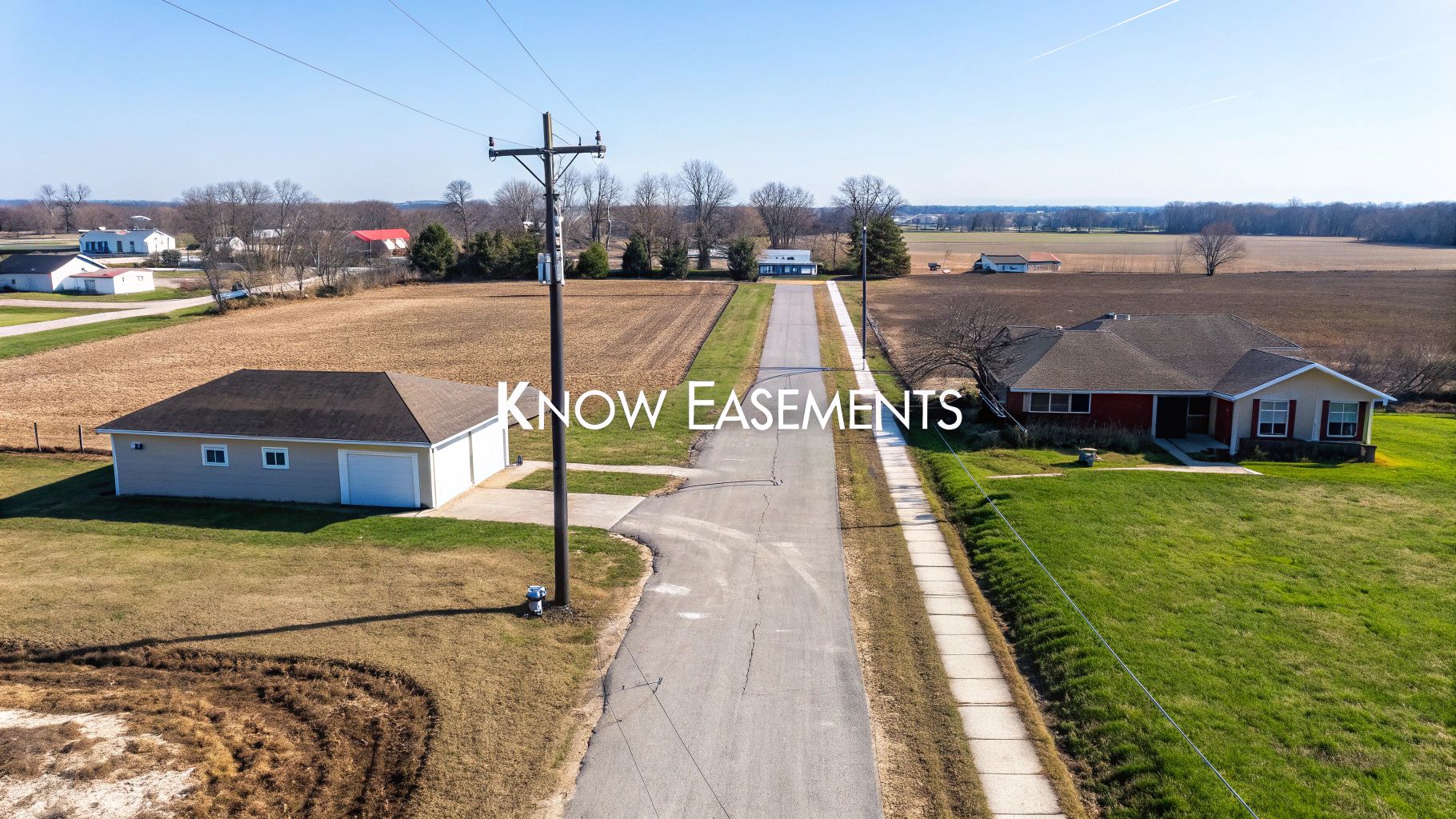Aerial view of rural properties, houses, a road, and utility pole, with text 'KNOW EASMENTS'.