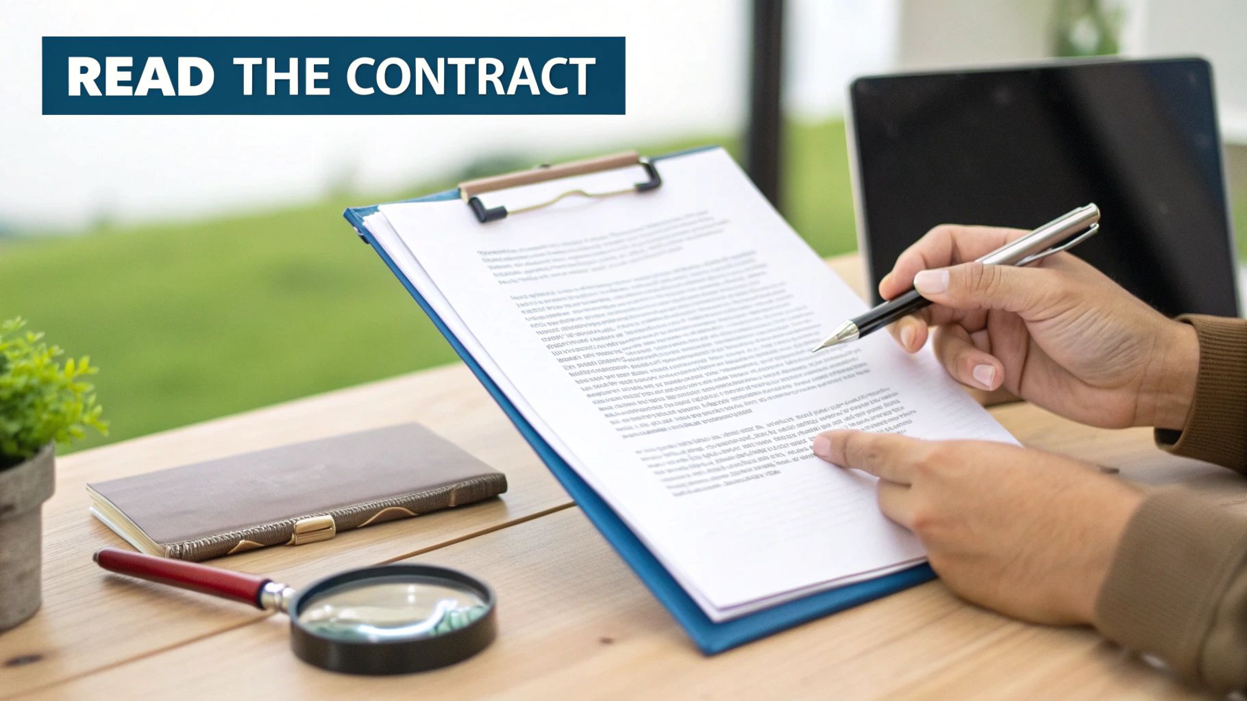 A person's hands reviewing a contract document with a pen, magnifying glass, and notebook on a wooden desk.