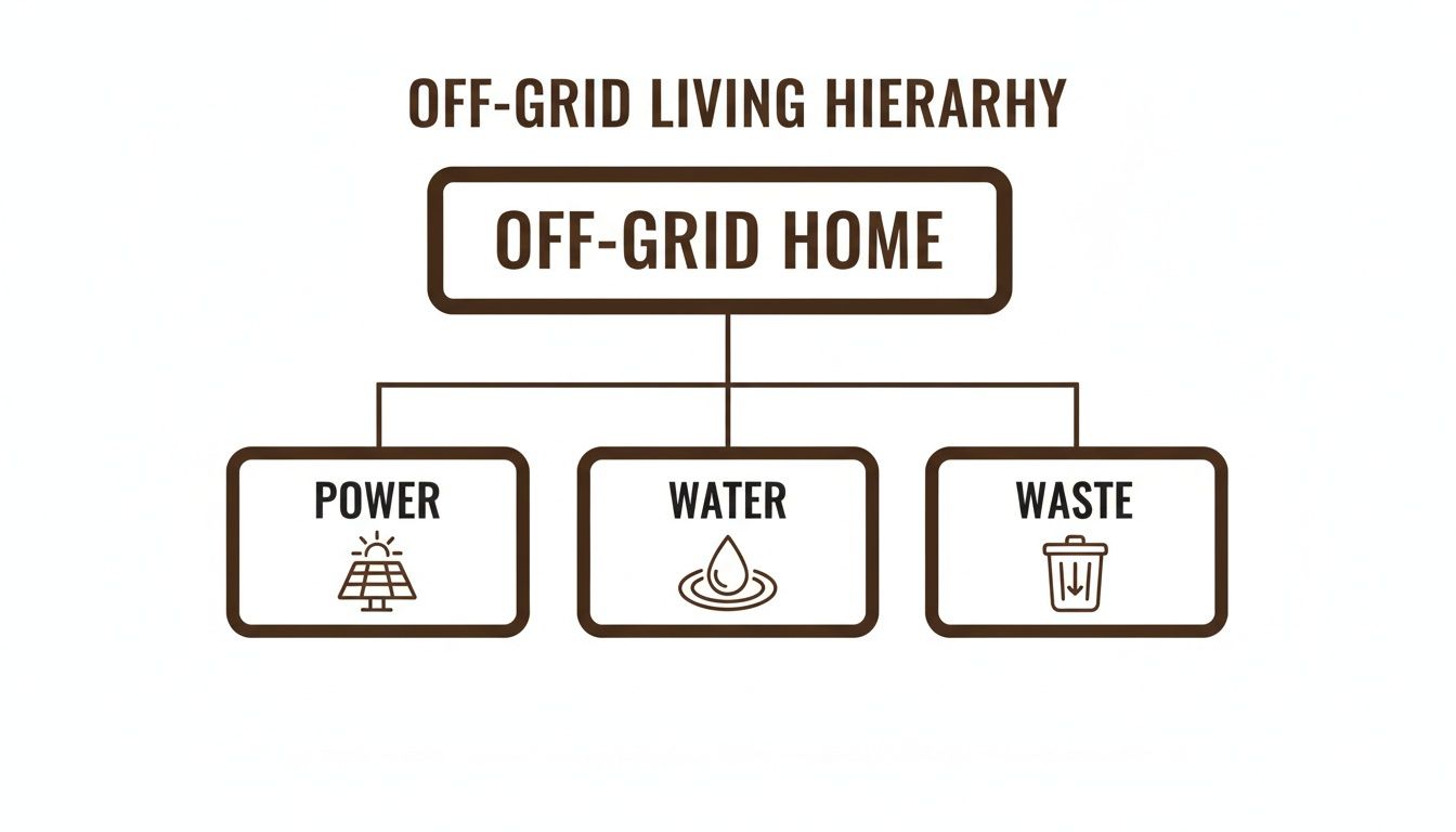 A diagram illustrates the off-grid living hierarchy, with Off-Grid Home at the top, branching into Power, Water, and Waste.