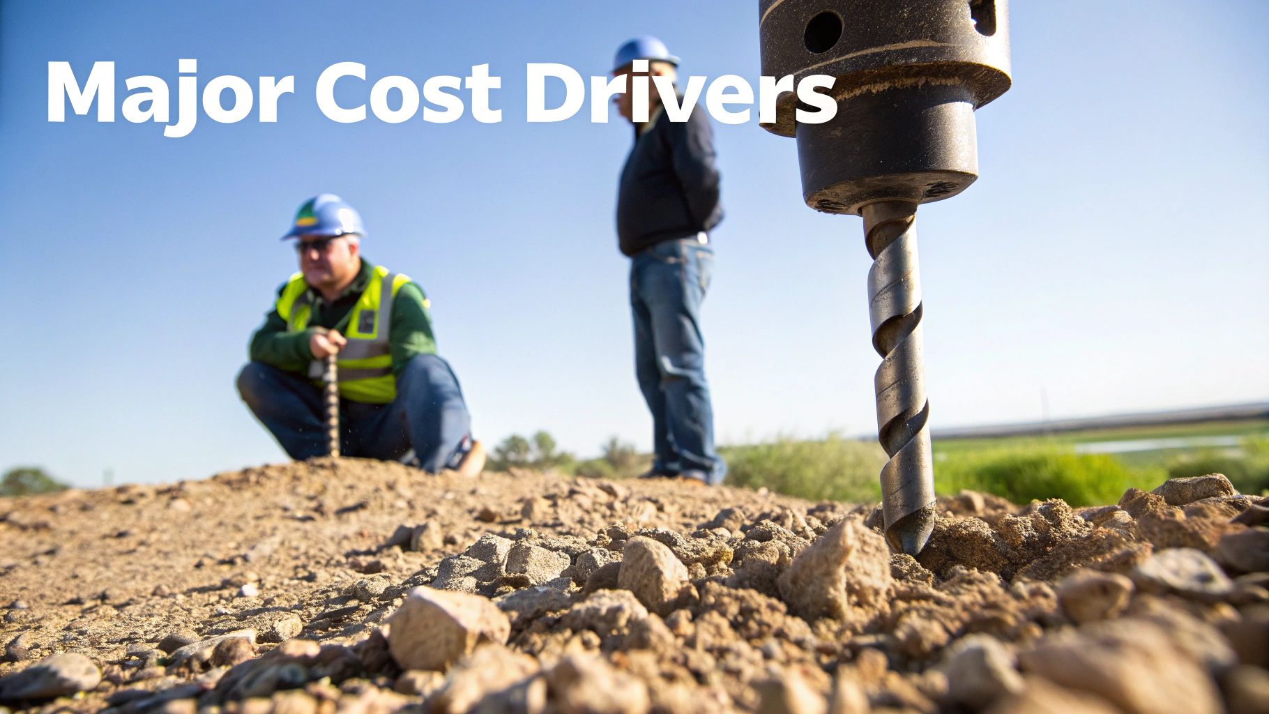 A construction site with workers and a large drill bit penetrating rocky ground, illustrating major cost drivers.