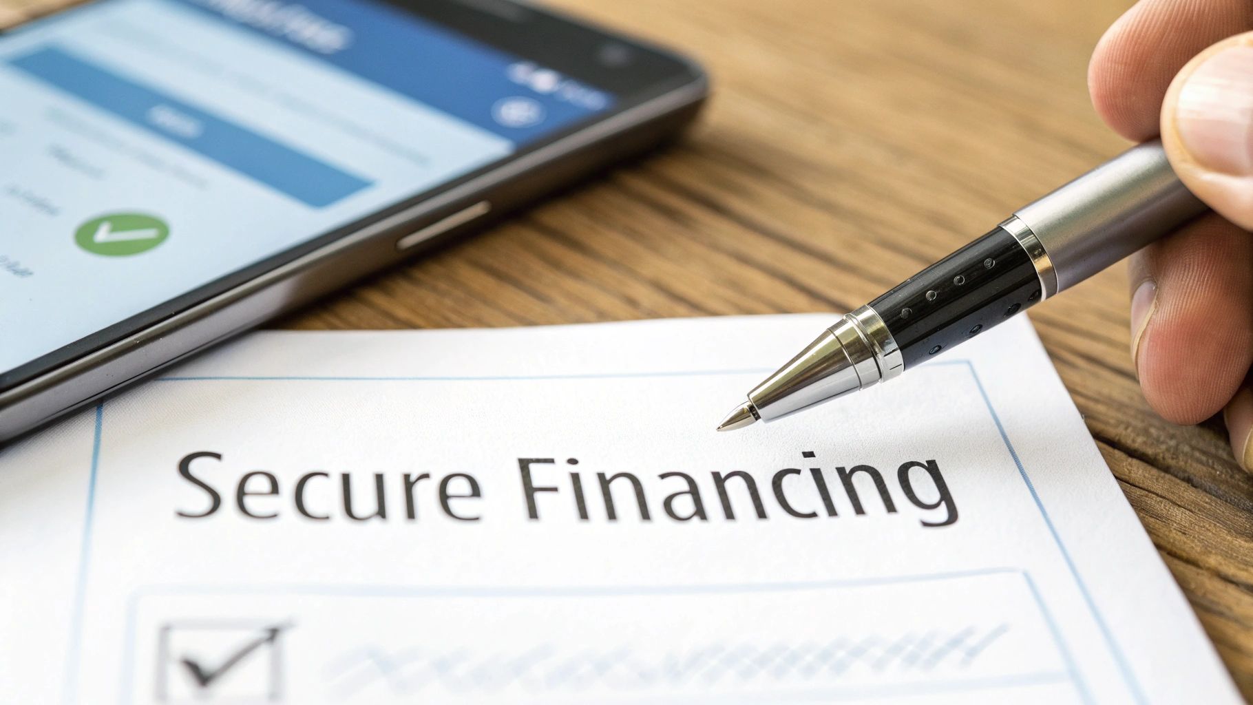 A hand holds a pen poised over a document reading 'Secure Financing' next to a smartphone with a checkmark.