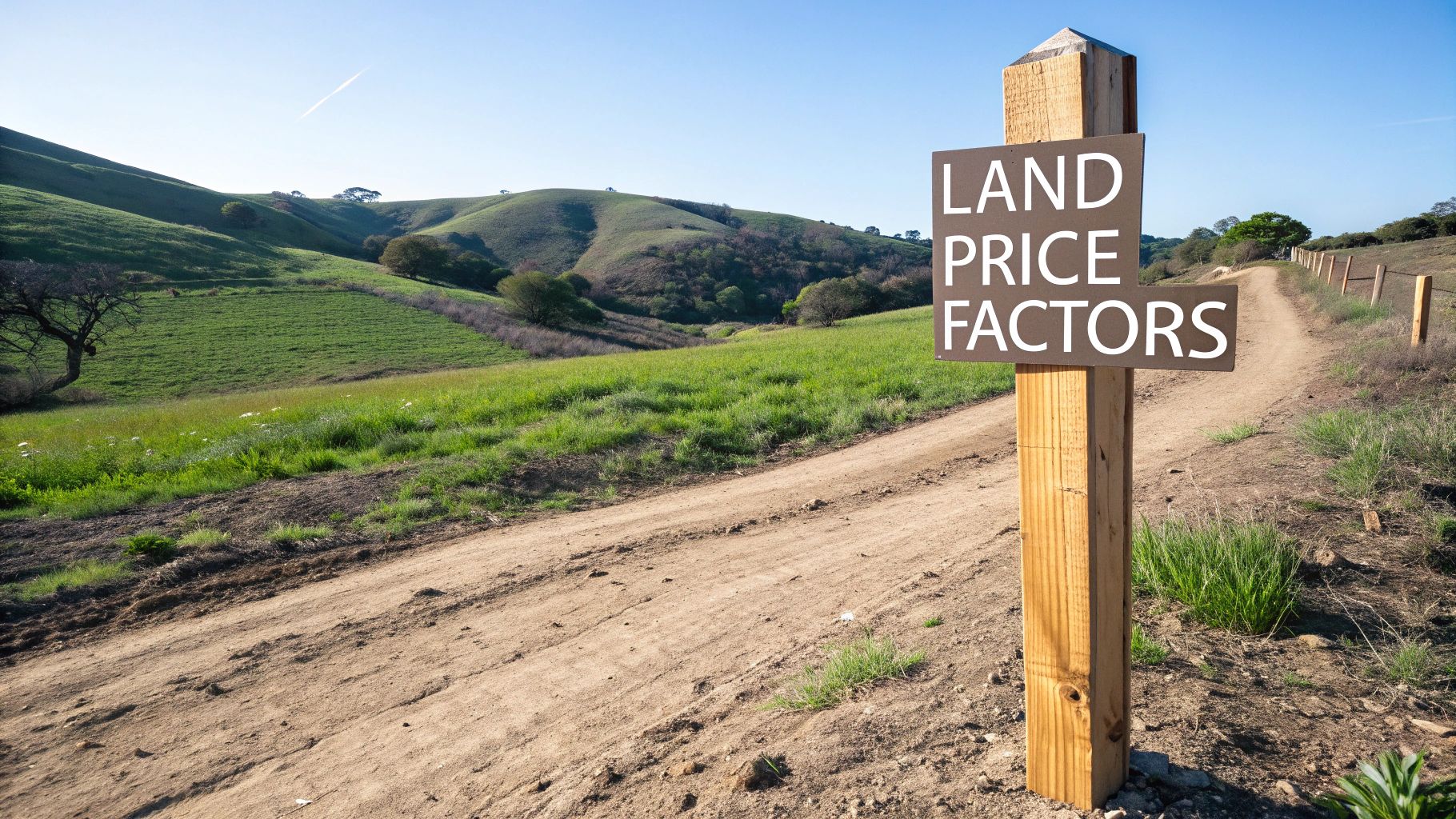A wooden sign reading 'LAND PRICE FACTORS' stands beside a dirt path winding through green rolling hills under a blue sky.