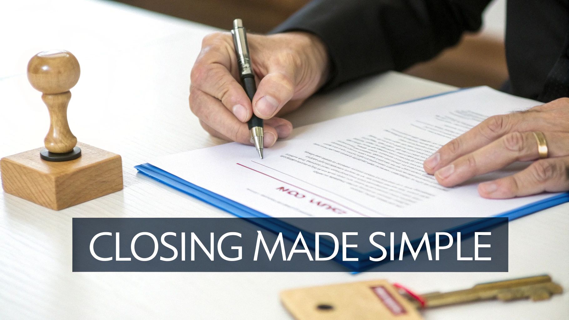 A person's hands signing a document on a desk with a stamp, keys, and 'CLOSING MADE SIMPLE' text.