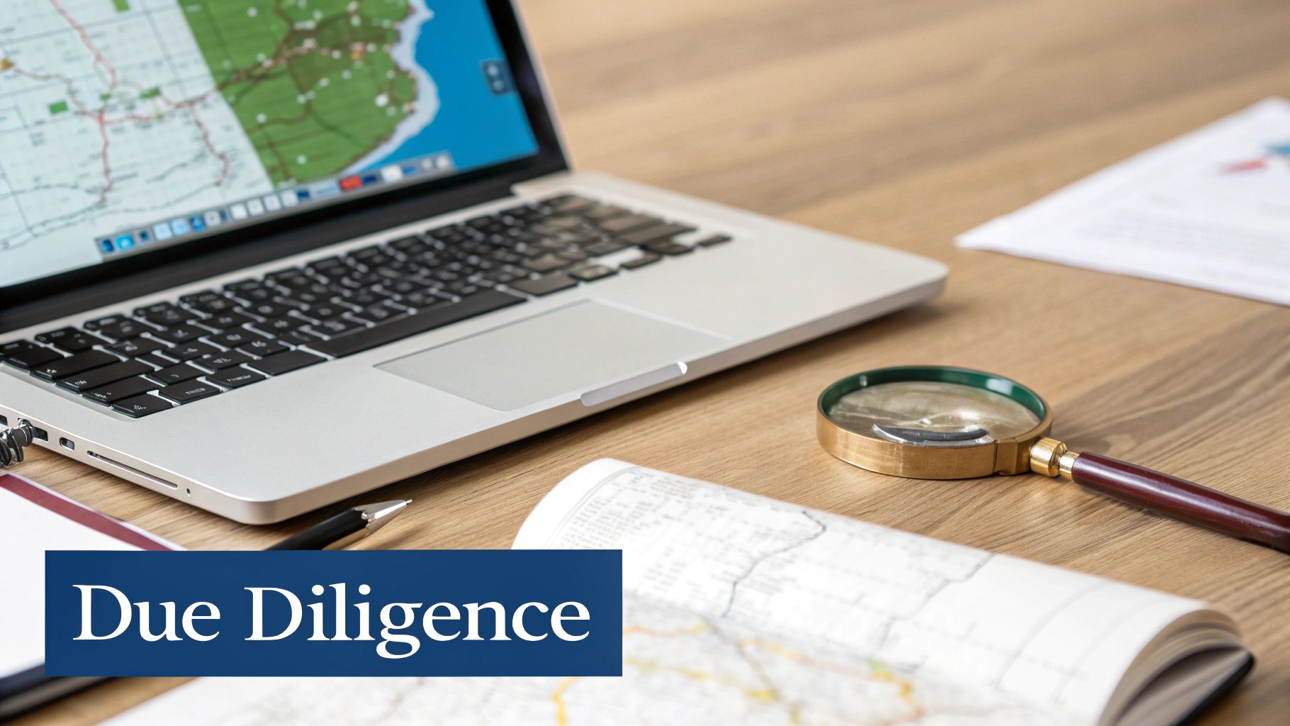 A laptop displaying a map, a magnifying glass, and documents on a wooden desk, symbolizing due diligence.