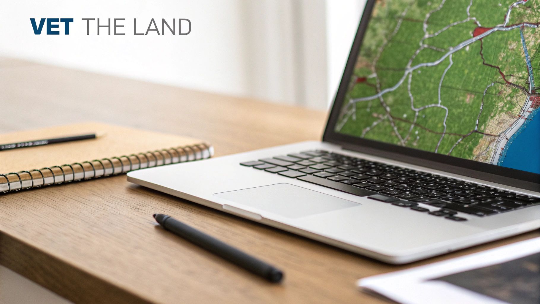 Laptop displaying a detailed land map with roads and coastline, alongside a notebook and stylus on a wooden desk.