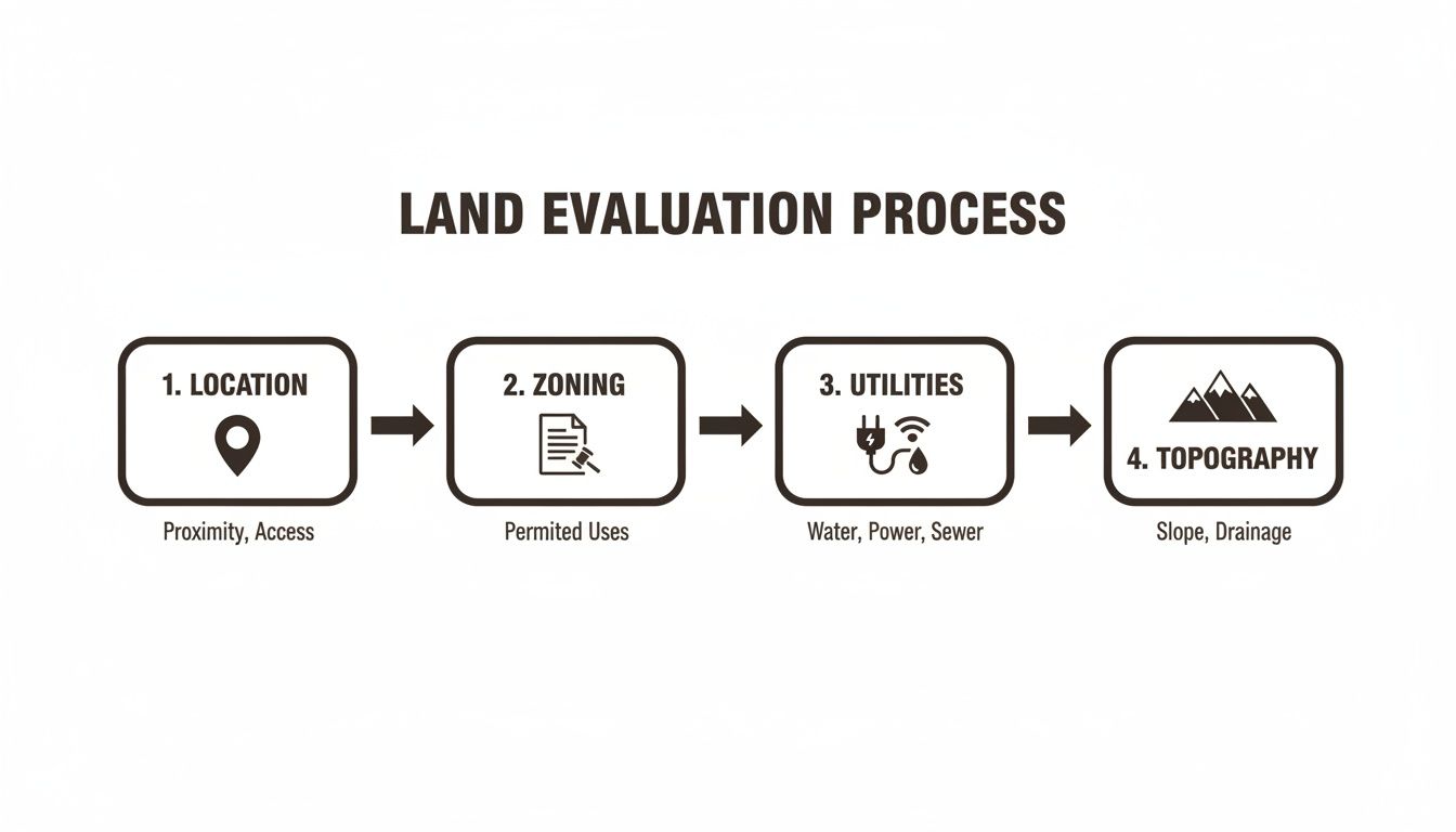A flowchart illustrating the four-step land evaluation process: Location, Zoning, Utilities, and Topography.