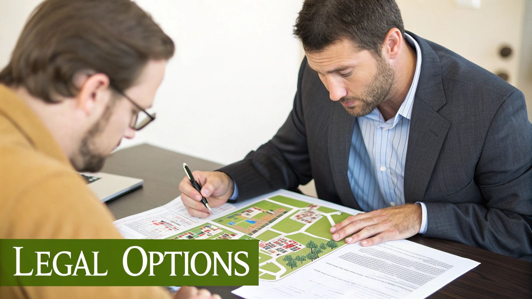 Two professionals discuss legal options, reviewing land documents and a property map.