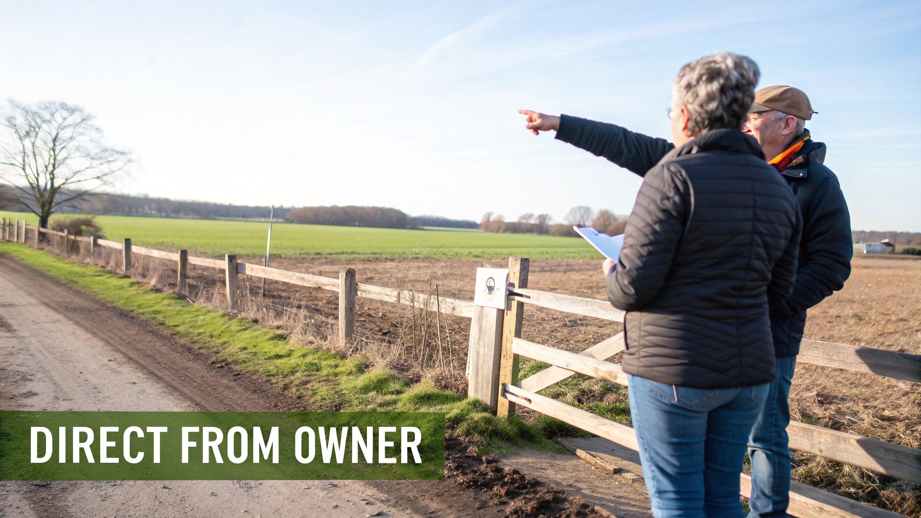 Two people, possibly owners, surveying rural land for sale, one pointing, near a fence.