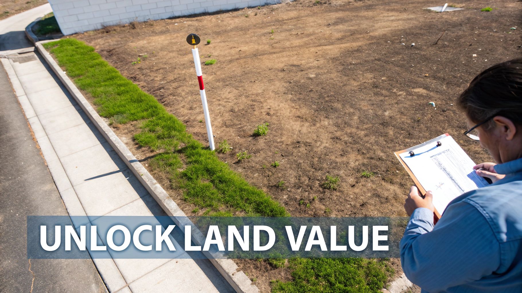 A person surveys a plot of vacant land with a boundary marker and clipboard, assessing its value.