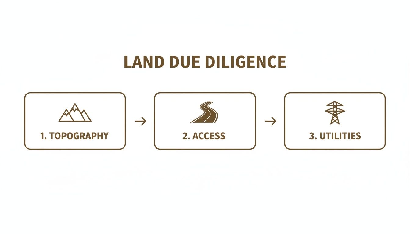 Flowchart illustrating land due diligence with icons for topography, access, and utilities.