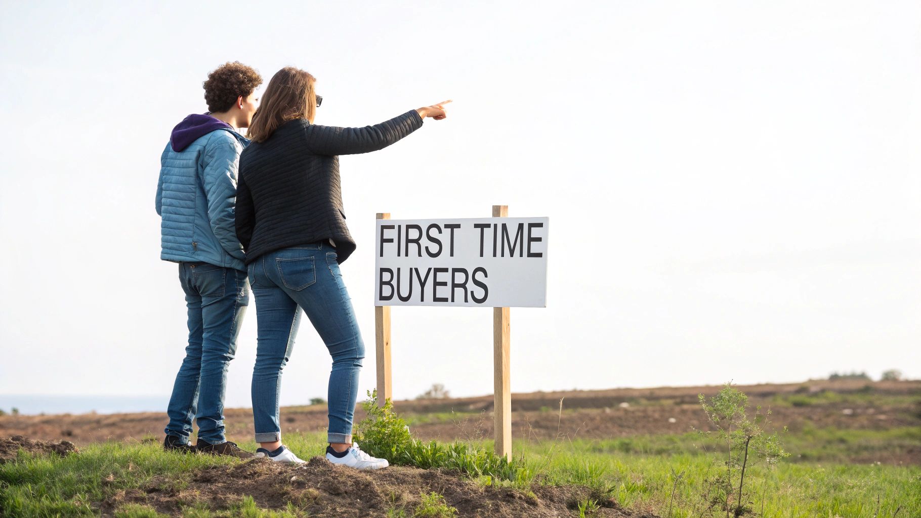 Two first-time buyers standing on a hill, looking at a potential property site, with a sign.