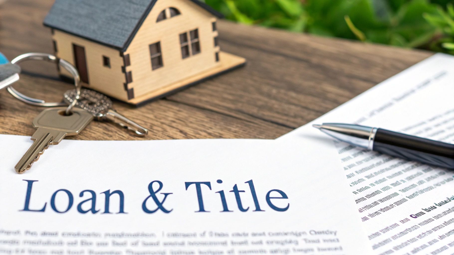 Model house, keys, and a pen resting on a 'Loan & Title' document, symbolizing real estate financing.