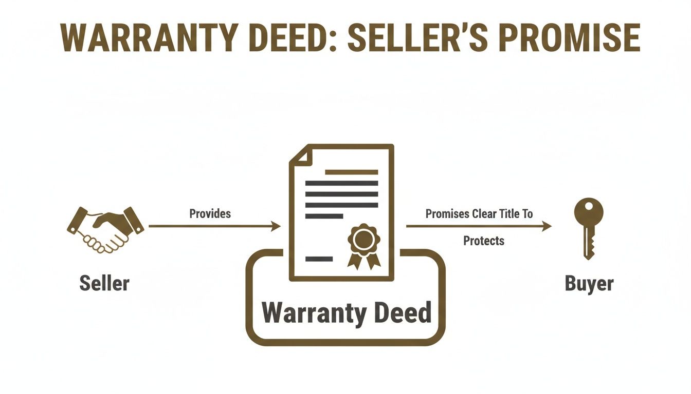 Infographic illustrating a warranty deed, showing the seller's promise of clear title protecting the buyer.