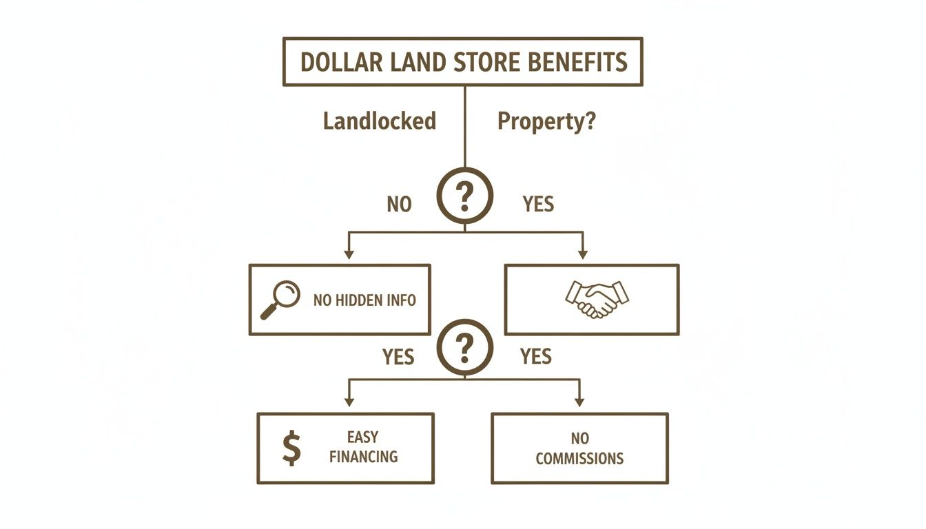 Flowchart illustrating Dollar Land Store benefits, detailing paths for landlocked property decisions.