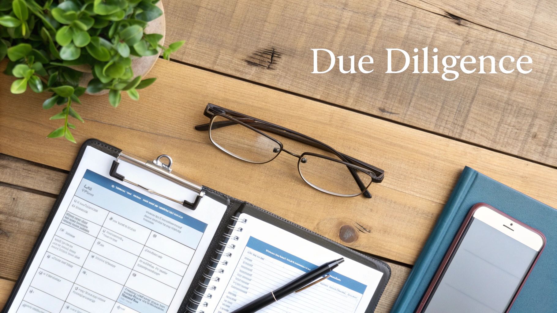 A wooden desk with a clipboard, glasses, a notebook, and a phone, with 'Due Diligence' text.