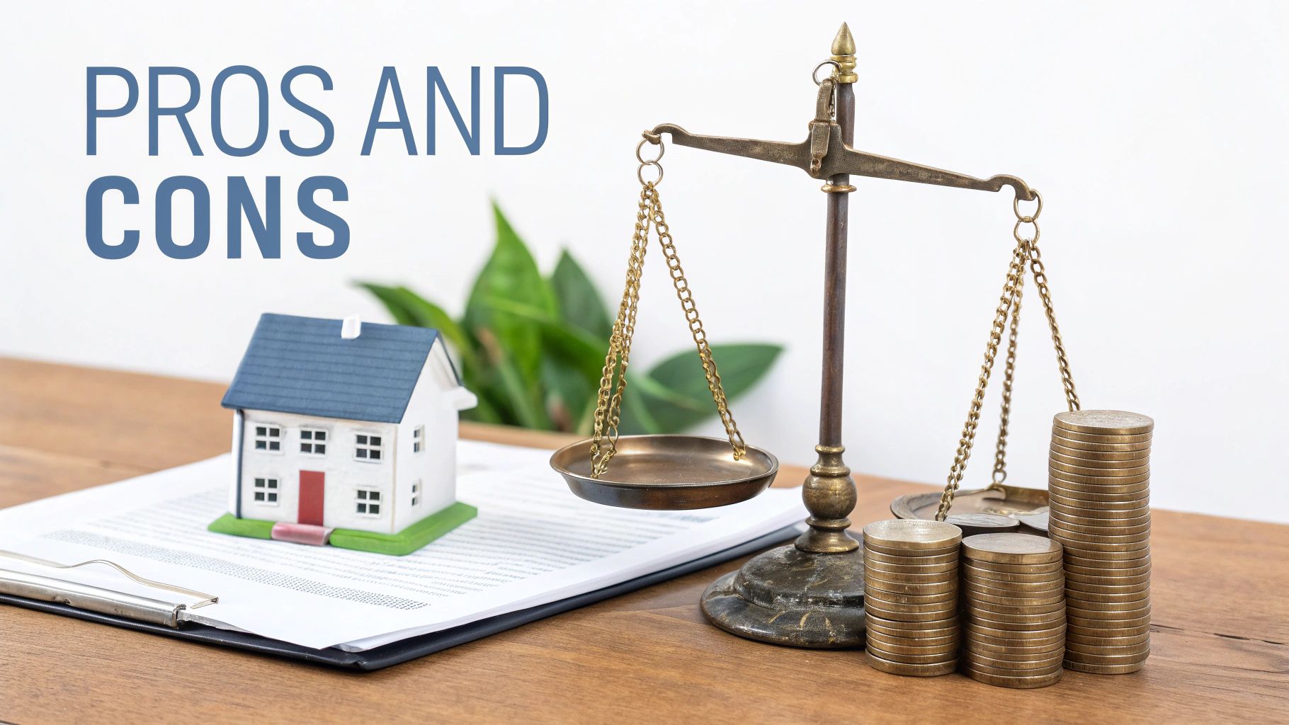 A miniature house, balance scale with coins, and documents illustrate the pros and cons of real estate investment.