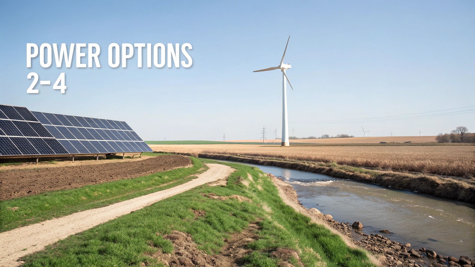 Solar panels, a wind turbine, and a river showcasing multiple off-grid power generation options.