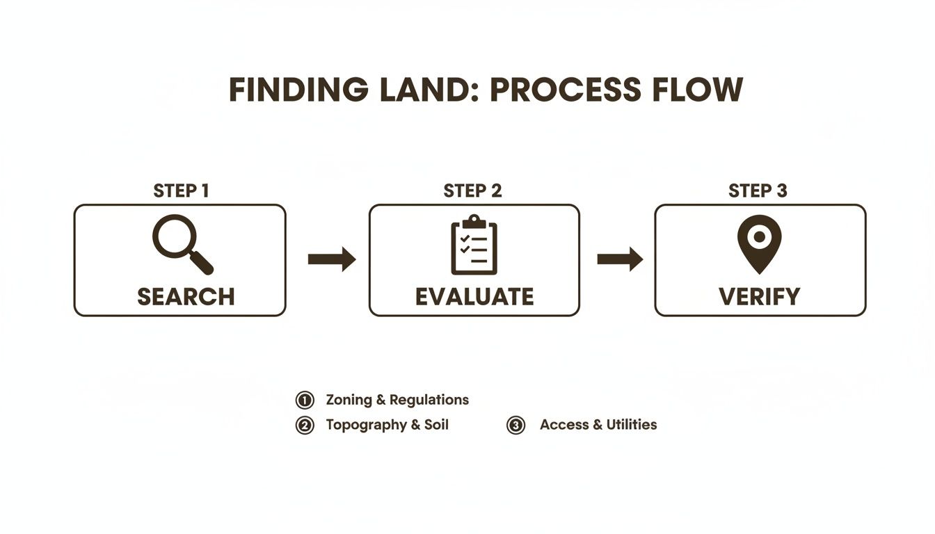 A process flow diagram for finding land, detailing steps: Search, Evaluate (zoning, topography, access), and Verify.