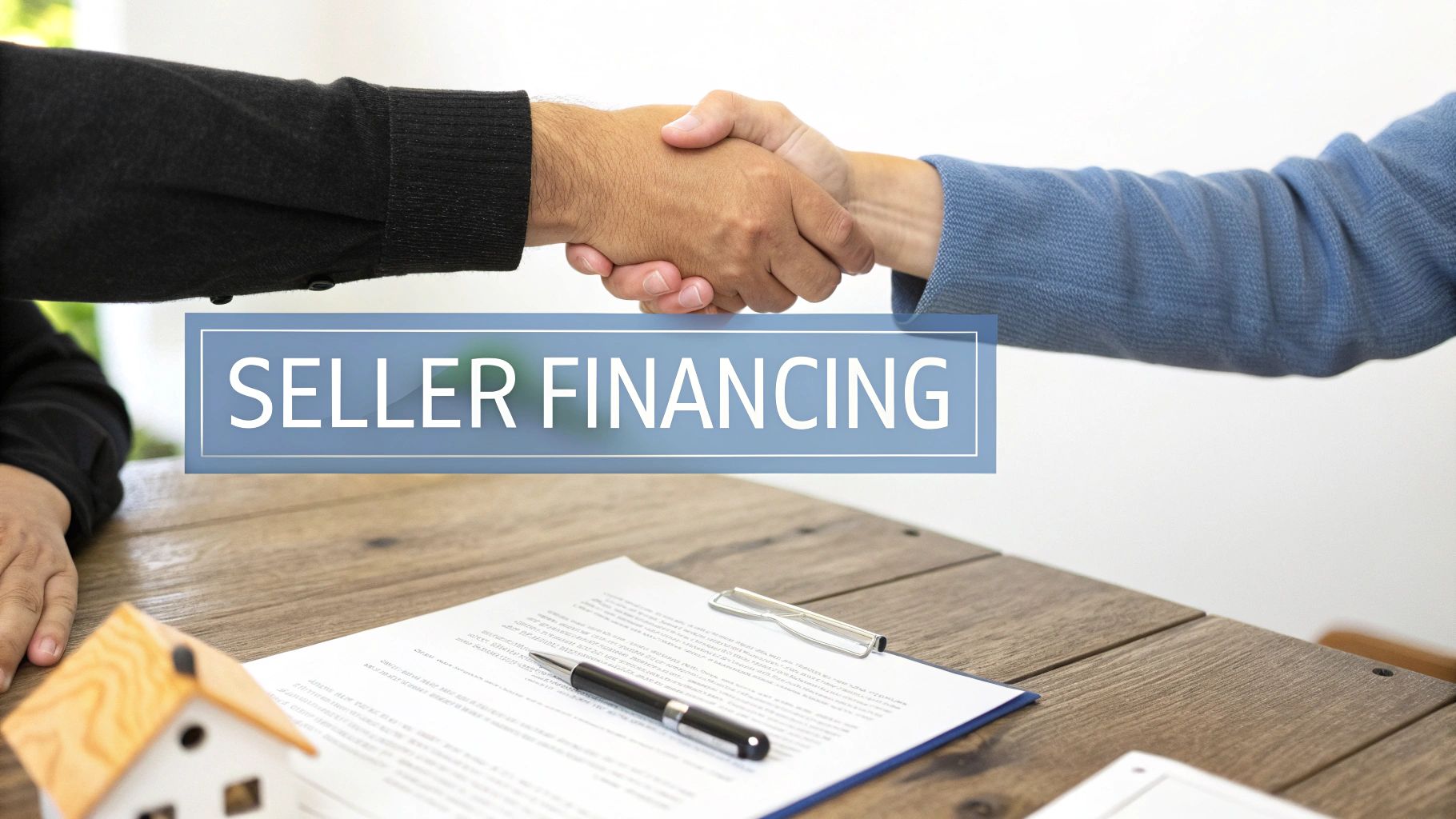 Two people shake hands over a real estate contract and a small house model, featuring 'SELLER FINANCING' text.