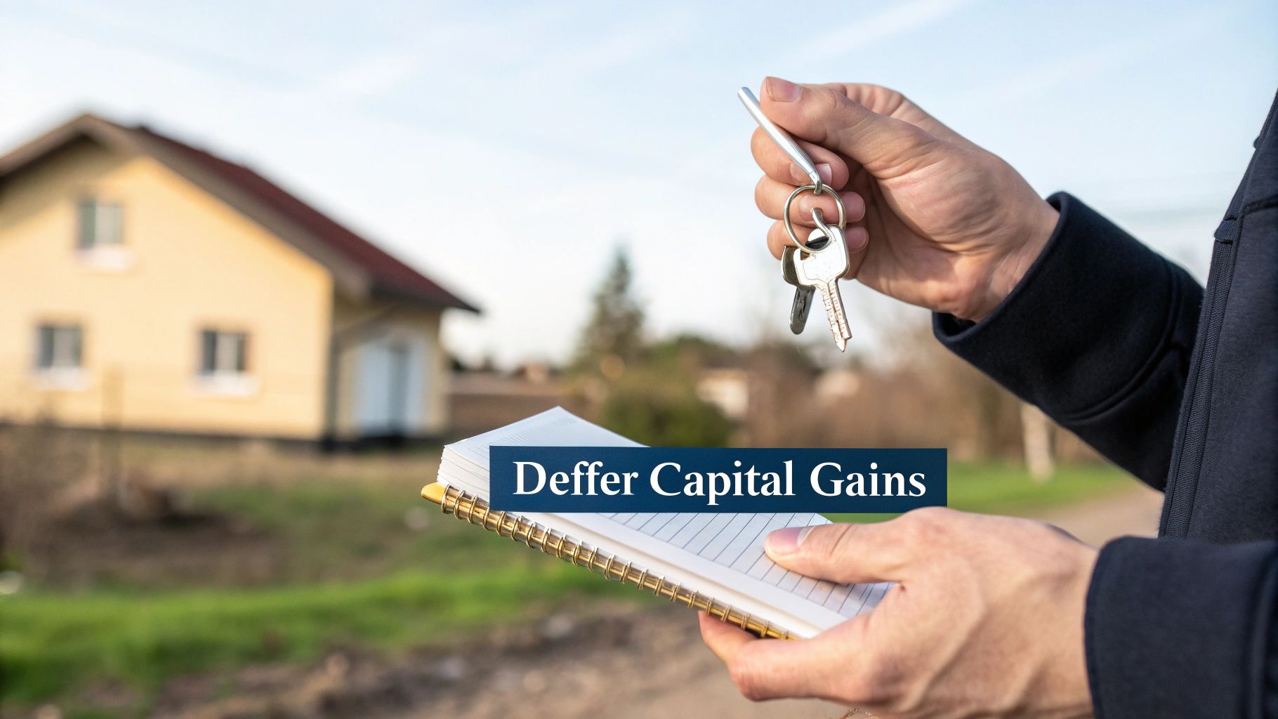 A person holds house keys and a notebook with 'Deffer Capital Gains' text, with a blurred house.