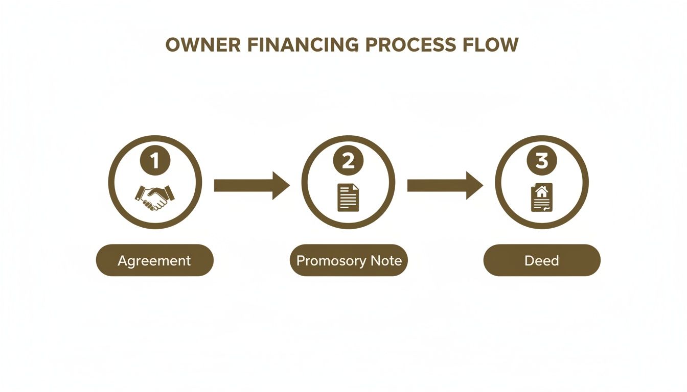 Flowchart illustrating the owner financing process, showing steps for agreement, promissory note, and deed.
