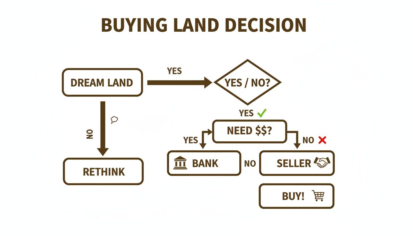 Flowchart illustrating the buying land decision process, including financial considerations and rethinking options.