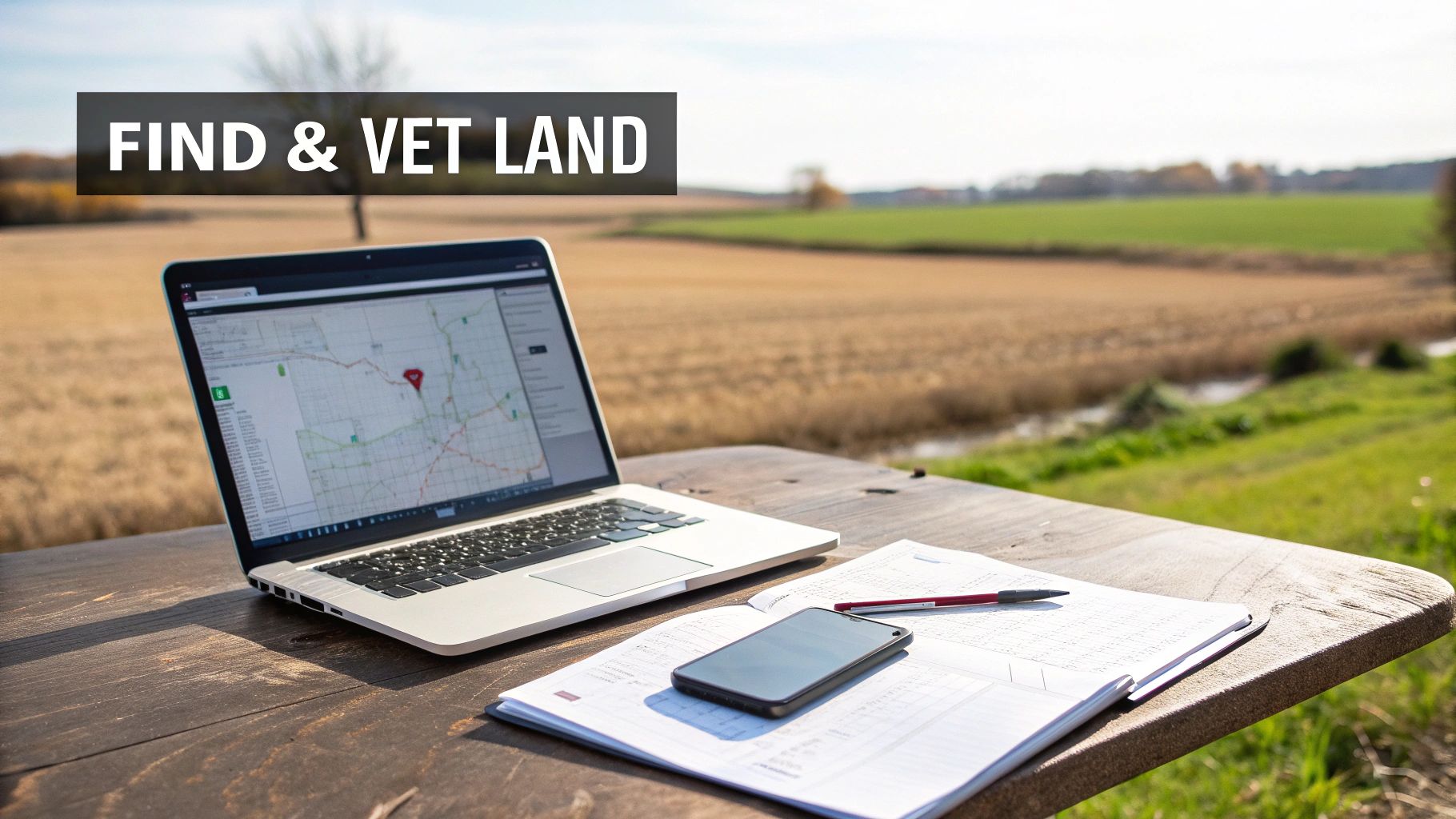 Laptop displaying a map, smartphone, and notebook on an outdoor wooden table with fields in background, banner reads 'FIND & VET LAND'.