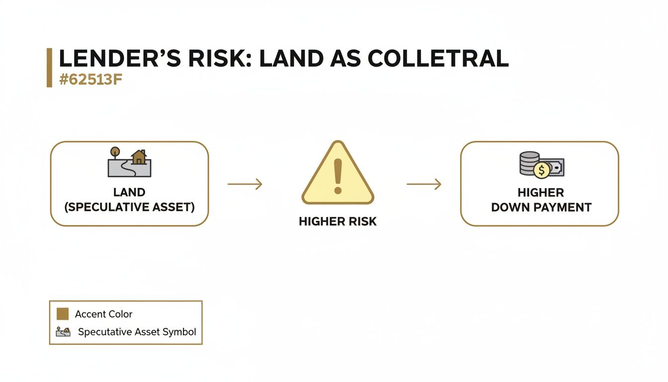 Infographic explains lender's risk with land as collateral, requiring a higher down payment due to its speculative nature.