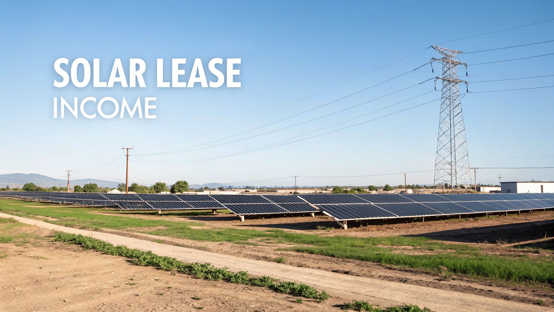 Rows of solar panels generating electricity in a field with power lines and a pylon, promoting solar lease income.