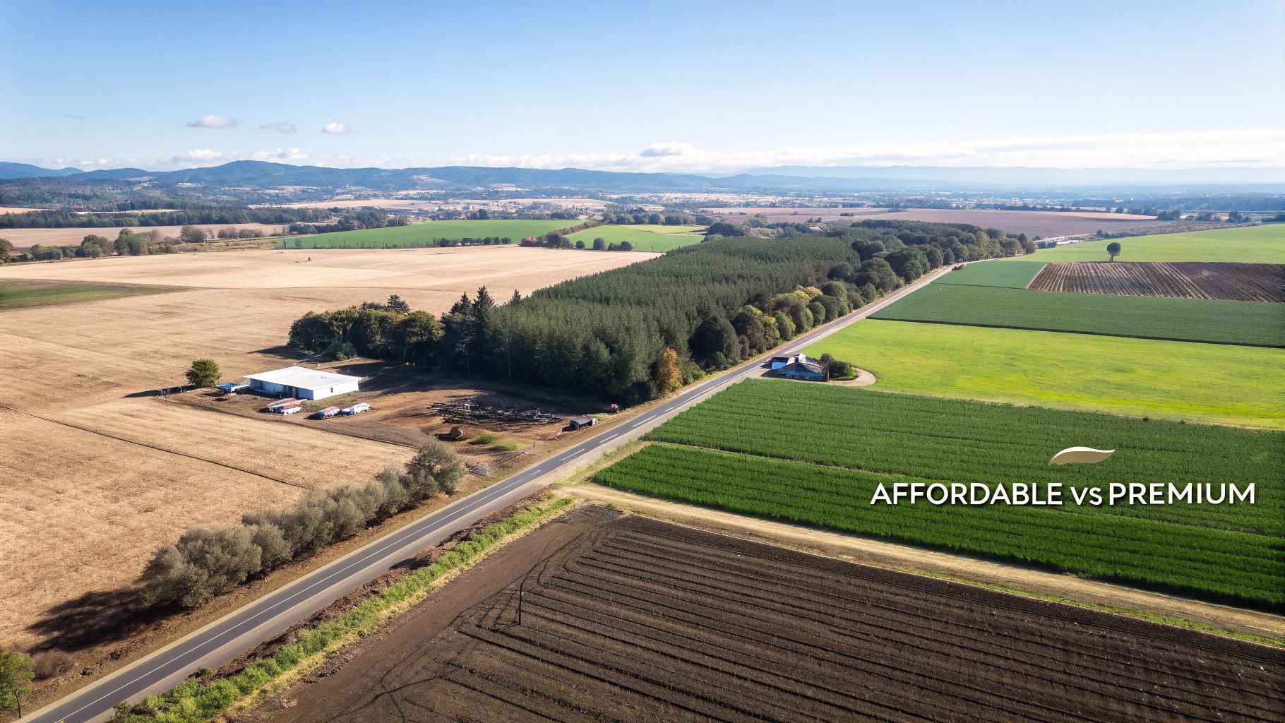 Aerial view of farmland with diverse crops and a road, overlaid with 'AFFORDABLE vs PREMIUM' text.
