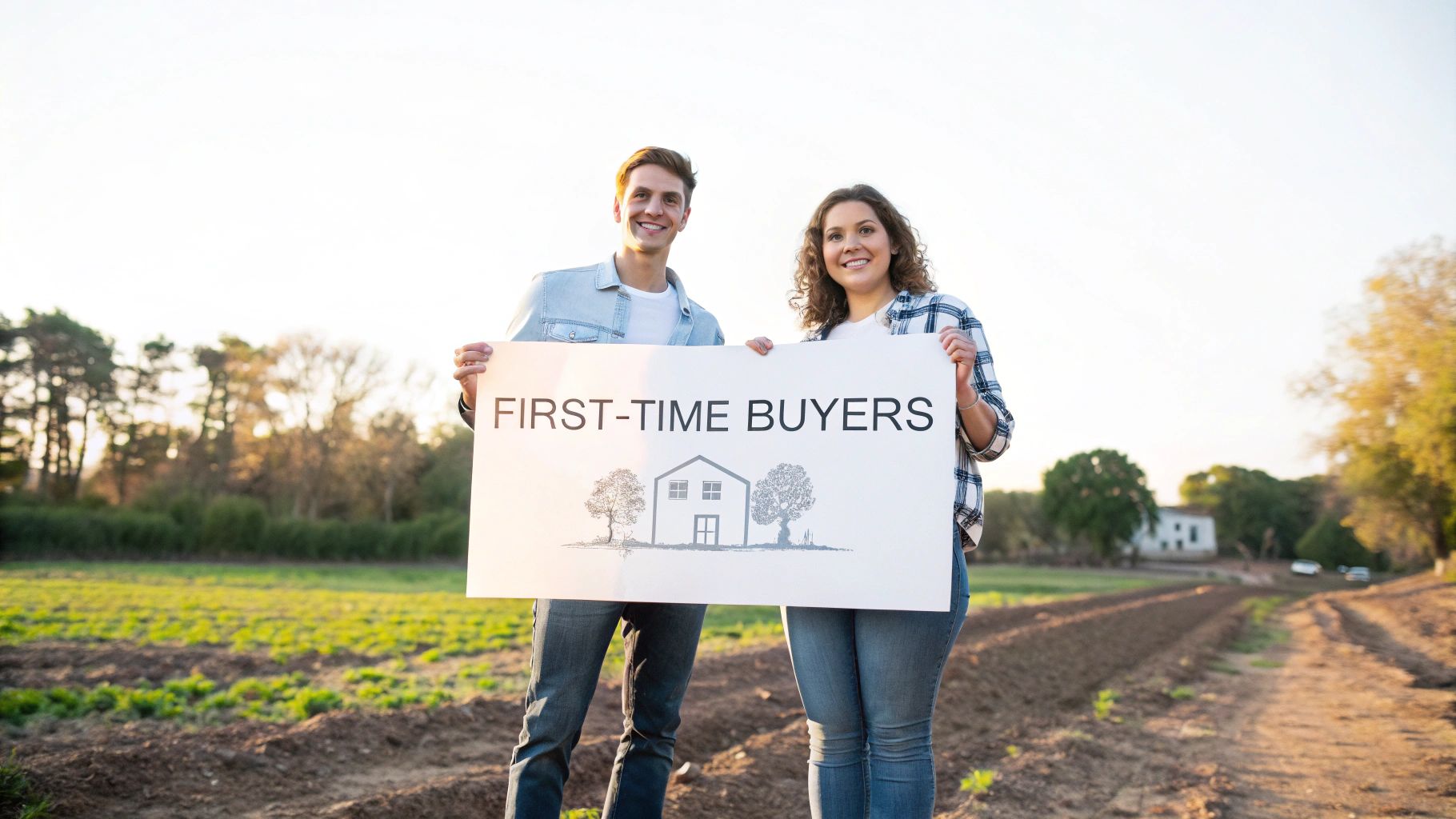 A smiling young couple proudly holds a 'FIRST-TIME BUYERS' sign in a rural field, symbolizing new home ownership.