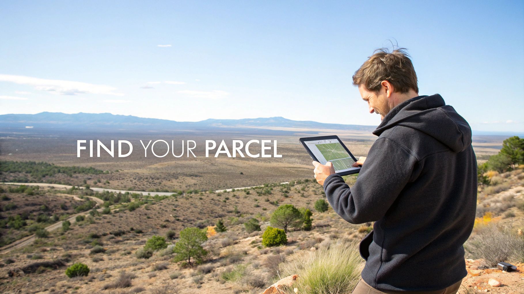 A man in a rugged landscape uses a tablet showing property lines to find his land parcel.