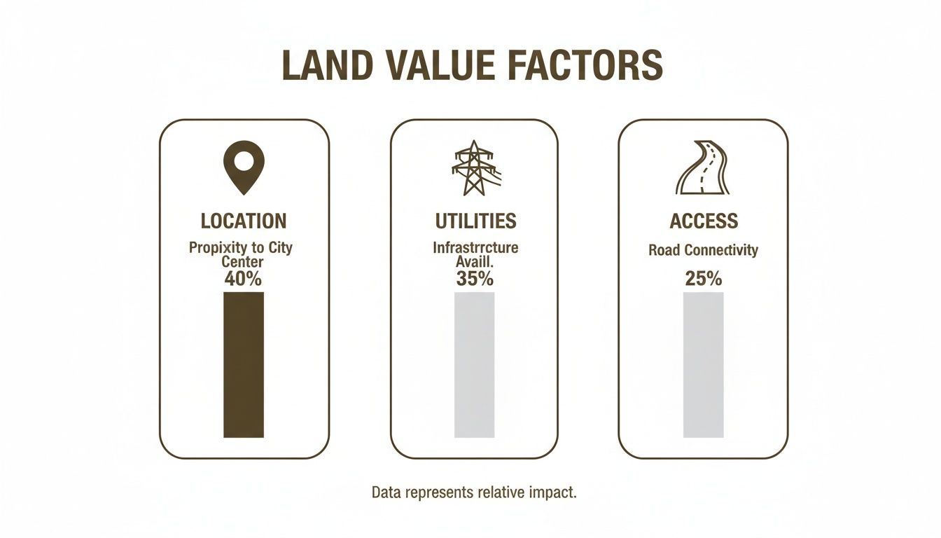 Infographic illustrating land value factors: location (40%), utilities (35%), and access (25%) impact.