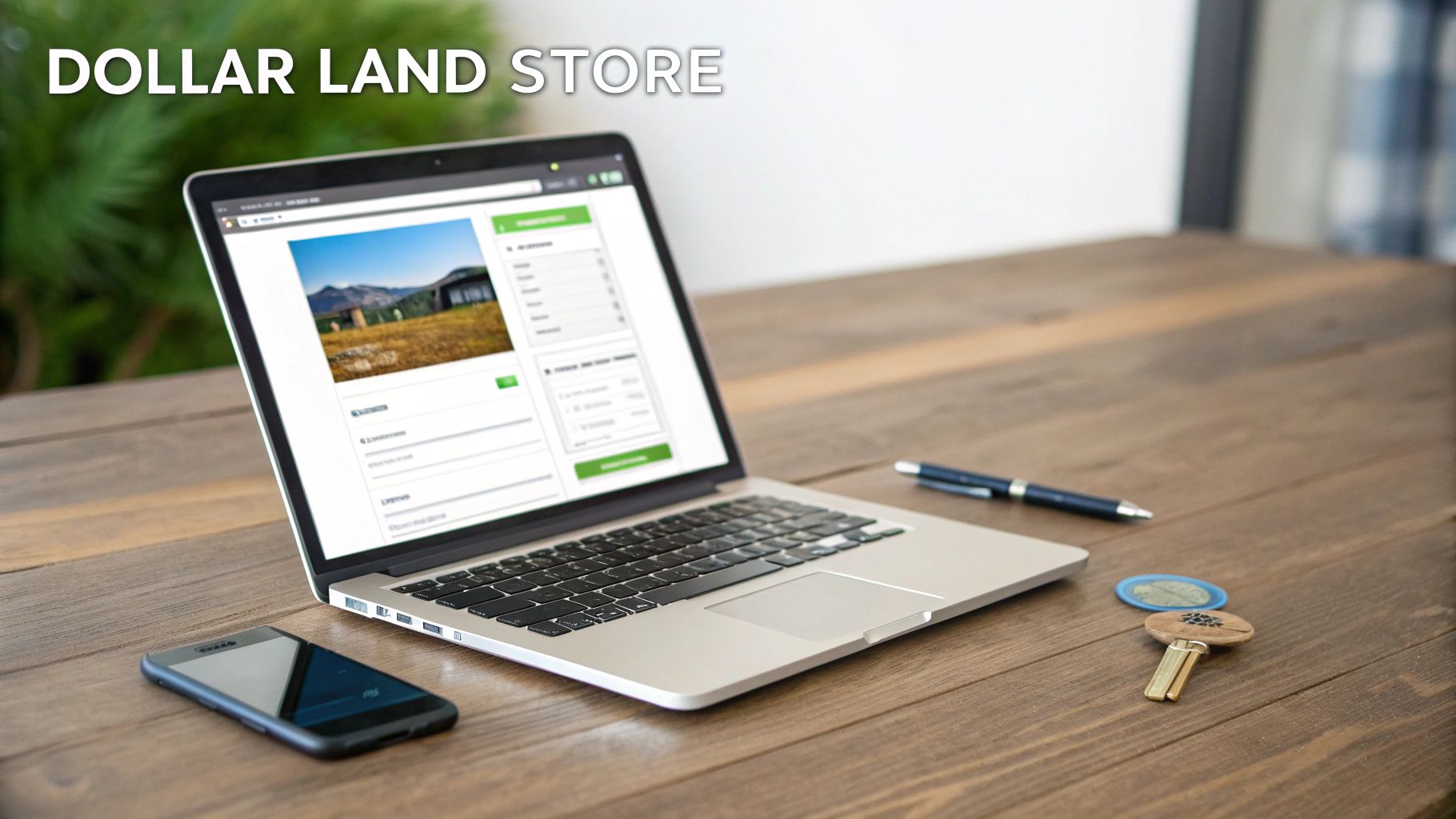 A laptop on a wooden desk displays a land for sale listing, with a phone, pen, and keys.