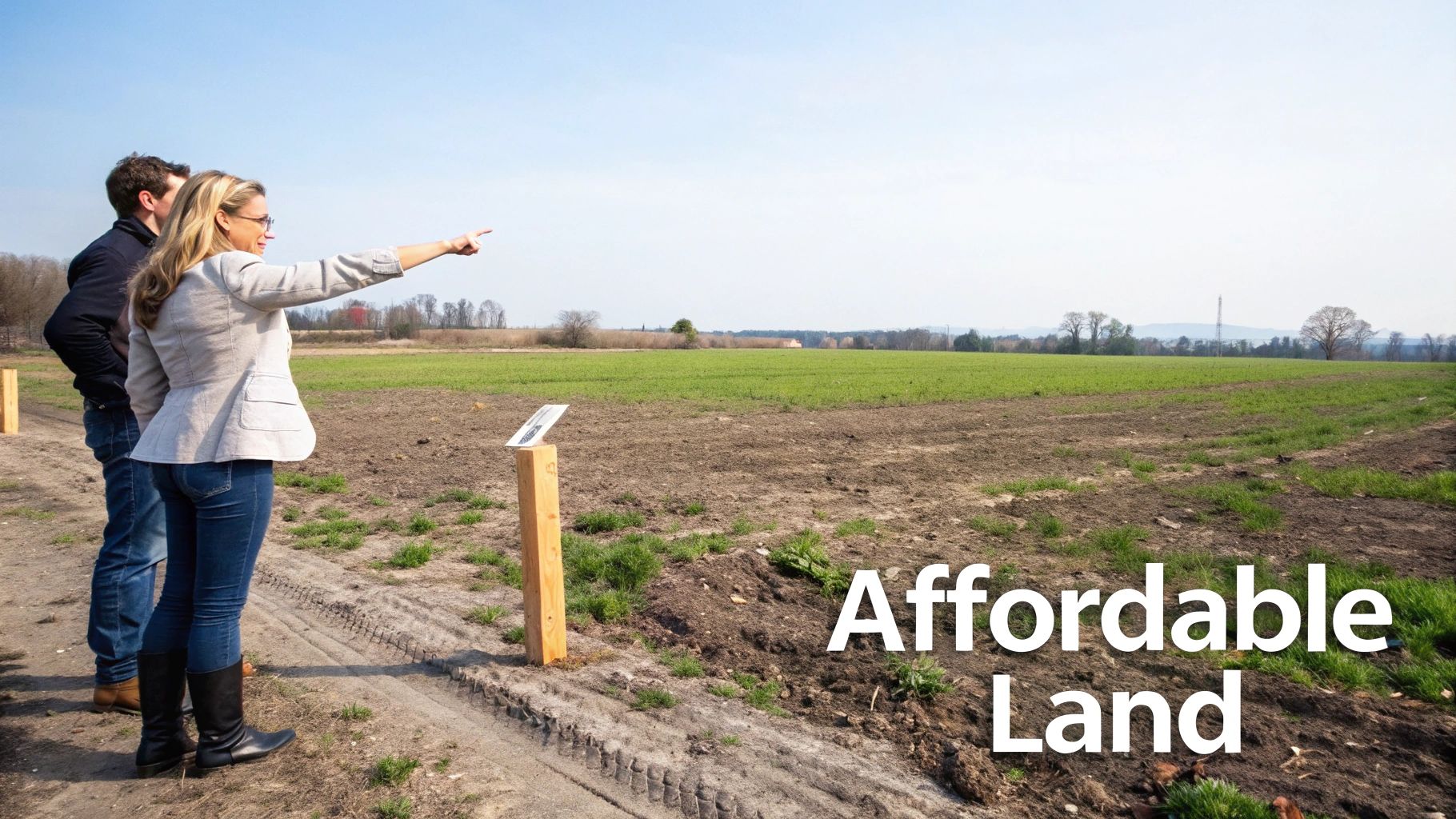 Couple viewing open field with "Affordable Land" overlay, woman pointing towards distant property.